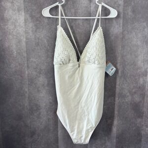NWT Shade & Shore Women's XL 16 White Crochet One Piece Swimsuit High Leg Cheeky
